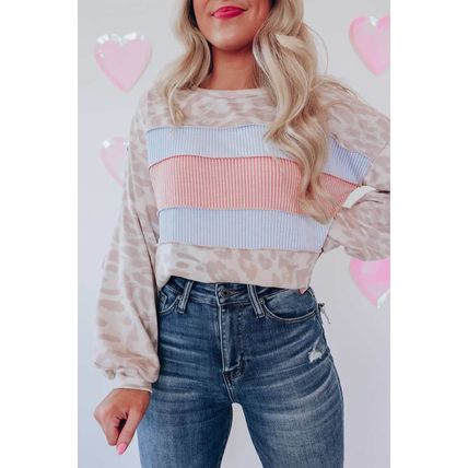 Leopard Animal Print Contrast Stripes Patchwork Puff Sleeve Knit Top