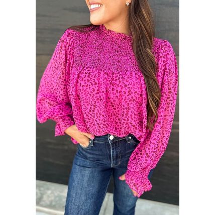 Rose Leopard Shirred Puff Sleeve Flowy Blouse