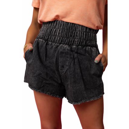 Black Smocked High Waist Mineral Washed Jean Shorts