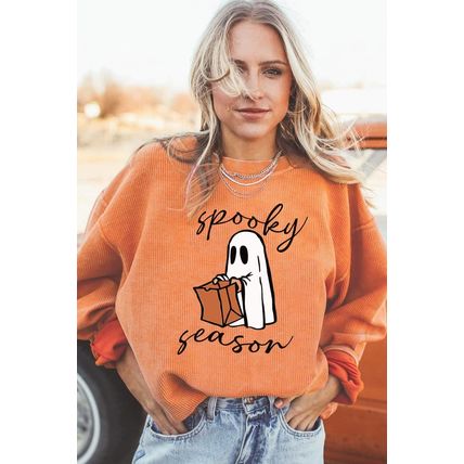 Orange Spooky Season Ghost Print Ribbed Pullover Sweatshirt