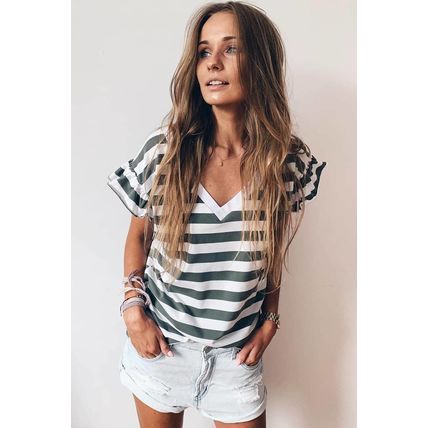 Sea Green Striped V Neck Ruffle Sleeve Top
