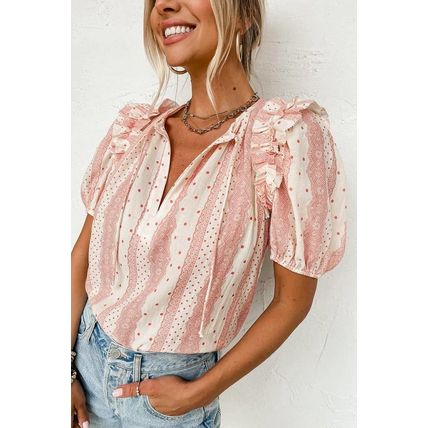 Red Frilled Short Puff Sleeve Mixed Print Blouse