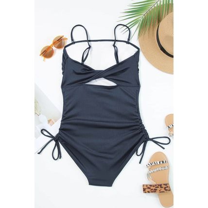 Navy Blue Ribbed Drawstring Sides Cutout One Piece Swimsuit