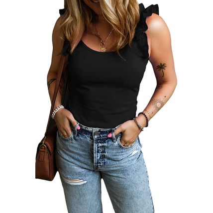 Black Ruffled Wide Straps Slim Tank Top
