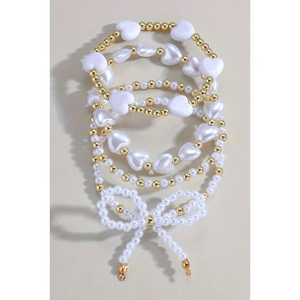 White Bow Knot Heart Shape Faux Pearl Beaded Bracelet Set