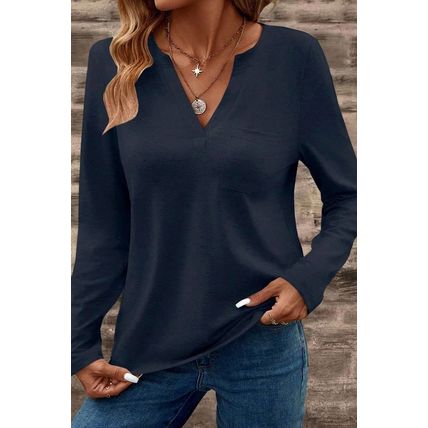 Dirty blue Notch V Neck Pocket Patched Long Sleeve T Shirt