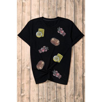 Black Sequin Crawfish Potato Lemon Corn Graphic Crewneck T Shirt
