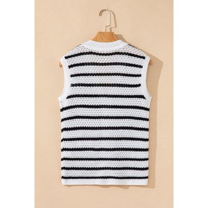 Black Stripe V Neck Gold Buttons Elegant Sweater Vest