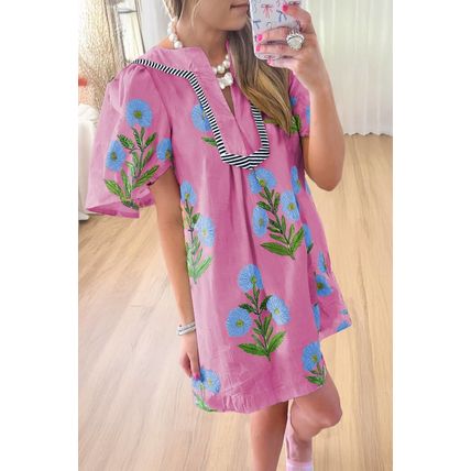 Rose Floral Short Sleeve Split Neck Loose Mini Dress