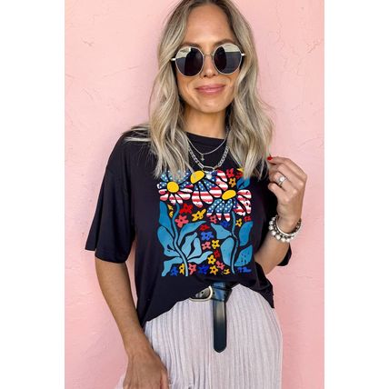 Black USA Flag Flower Graphic Drop Shoulder T Shirt
