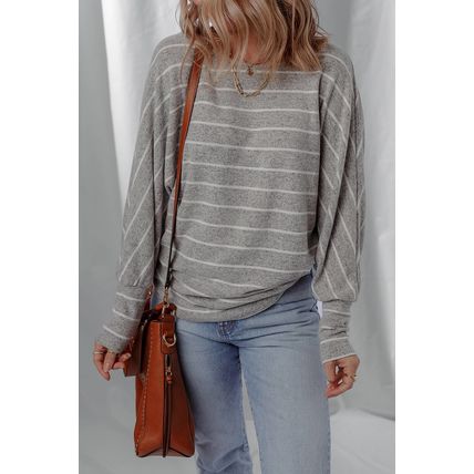Gray Stripe Dolman Sleeve Drop Shoulder Top