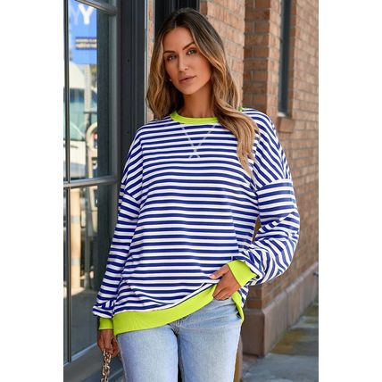 Sky Blue Stripe Striped Contrast Ribbed Trim Drop Shoulder Baggy Sweatshirt