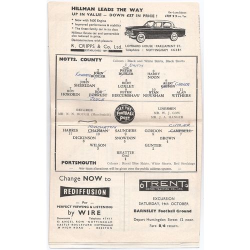 1961-62 NOTTS COUNTY v PORTSMOUTH Reasonably Good Condition - Neat Team Changes