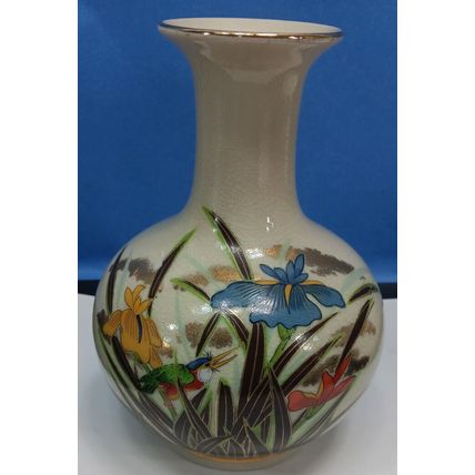 Signed Vintage Toyo Japan Vase Gold Blue Red Floral Iris Flowers Kingfisher Bird