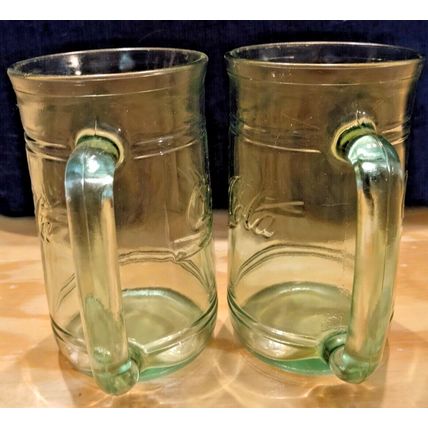 2 Vtg COCA COLA Green Indiana Glass Mugs Coke Logo Heavy Embossed Handled 5 1/2"