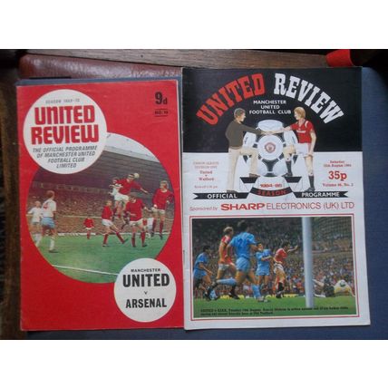 2 FOOTBALL PROGRAMMMES MANCHESTER UNITED REVIEW 1969-70 ARSENAL 1984-5 WATFORD
