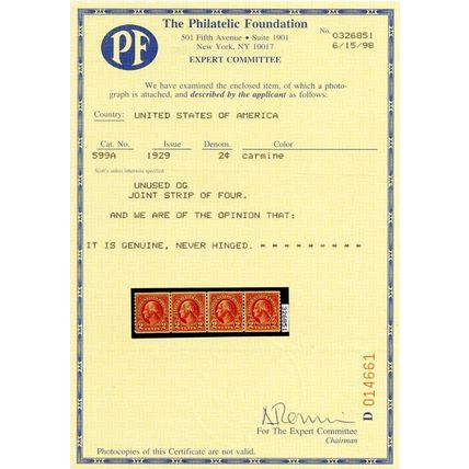 599A, Mint VF+ NH Coil Line Strip of Four With PFC Certificate - Stuart Katz