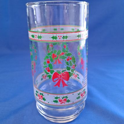Lot 4 Indiana Glass VICTORIAN CHRISTMAS TUMBLERS 14 oz Wreath Holly Ribbon Drink