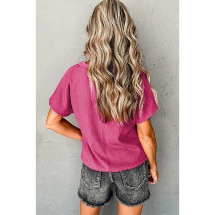 Bright Pink Crinkled V Neck Wide Sleeve T-shirt