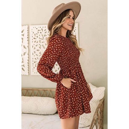 Brown Floral Smocked Bodice Mini Dress