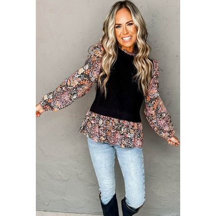 Black Contrast Floral Sleeve Peplum Sweater