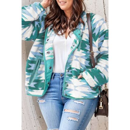 Green Geometric Aztec Pattern Plus Size Fleece Jacket