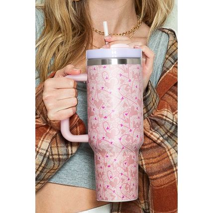 Apricot Pink Valentine Heart Shaped Print Stainless Steel Vacuum Cup
