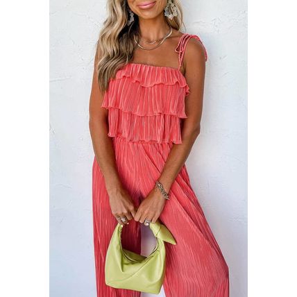 Pale Chestnut Ruffle Tiered Cami Pleated Wide Leg Pants Set