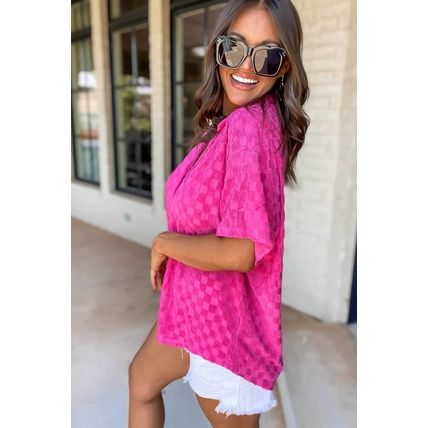 Bright Pink Lapel Neck Checkered Textured Short Sleeve Shirt