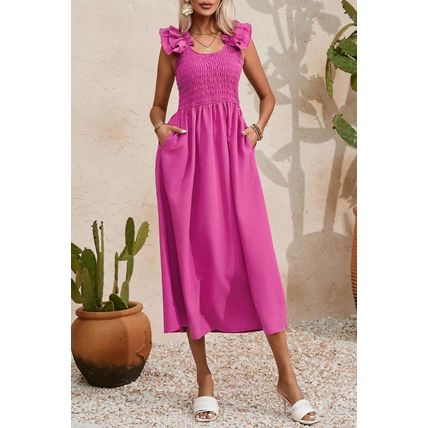 Rose Red Solid Color Ruffled Straps Smocked Ruched Maxi Dress