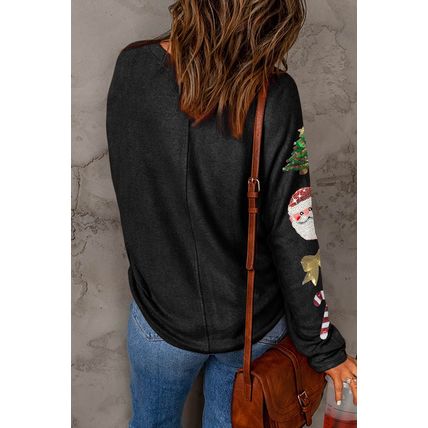 Black Sequined Christmas Favor Sleeve Casual Pullover