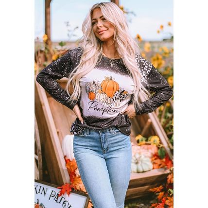 Black Leopard Bleached Pumpkin Graphic Long Sleeve Top
