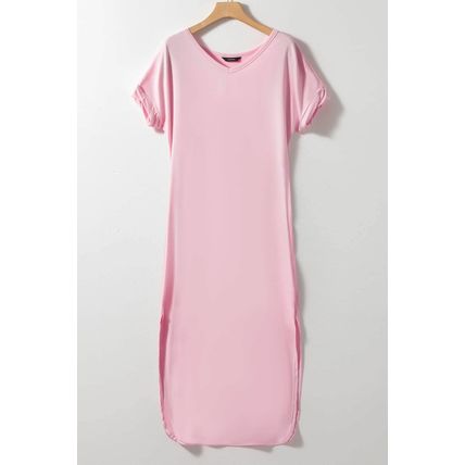 Pink V Neck Hidden Pocket Splits Maxi T-shirt Dress