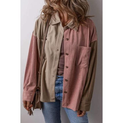 Mineral Red Color Block Chest Pockets Buttoned Corduroy Shacket