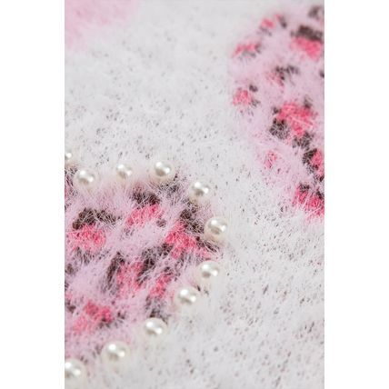Pink Heart Leopard Print Pearled Ribbed Trim Fuzzy Sweater