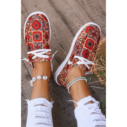 Fiery Red Western Printed Lacing Flat Slip On Shoes