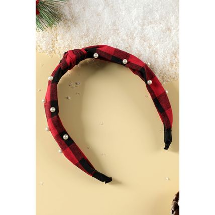 Red Dahlia Pearl Decor Christmas Plaid Knotted Headband