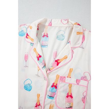 White Plus Size Wine Glass Print Bow Knot Pajama Set