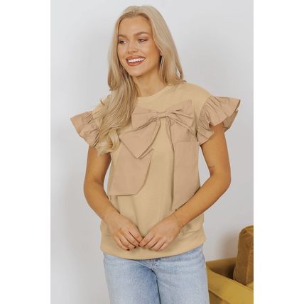 Parchment Two Tones Ribbon Bow Ruffle Sleeve Top