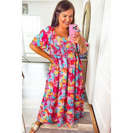 Rose Abstract Printed Puff Sleeve Square Neck Smocked Bust Tied Back Plus Size D