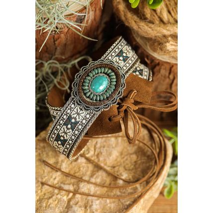Light Blue Western Pattern Turquoise Decor Lace-up PU Leather Hat Band
