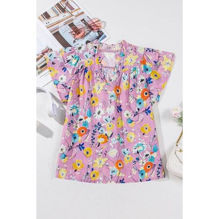 Pink Flutter Sleeve V Neck Floral Top