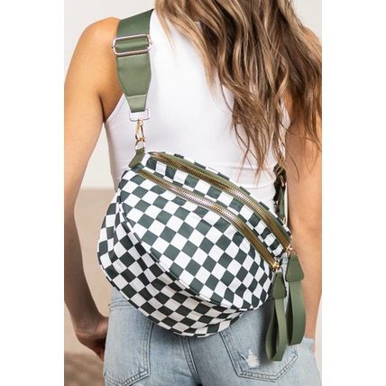 Blackish Green Checkered Print Wide Strap Large Crossbody Bag