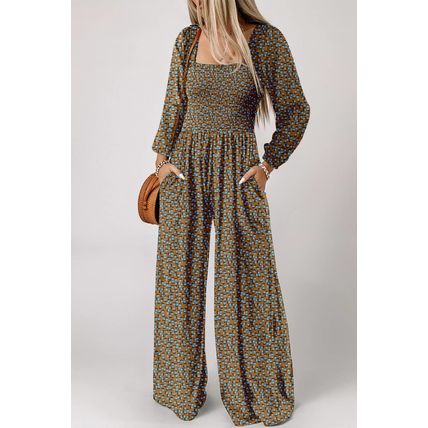 Brown Floral Print Western Smocked Bodice Square Neck Wide Leg Jumpsuit