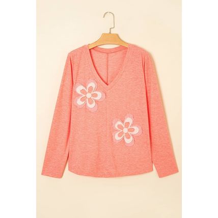 Fresh Salmon Floral Patchwork V Neck Long Sleeve T Shirt