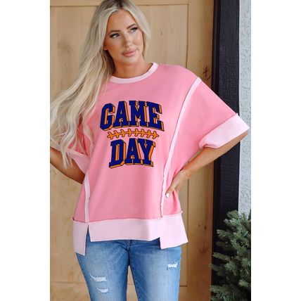 Peach Blossom Raw Seam Patchwork GAME DAY Letter Graphic Loose Tee
