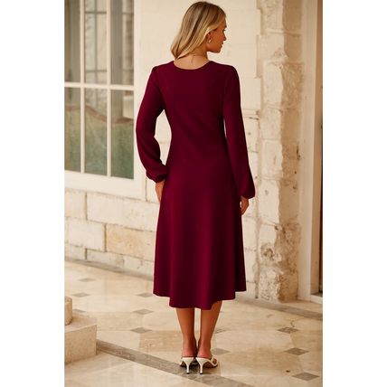 Burgundy Solid Color Ruched Detail Long Sleeve Midi Dress