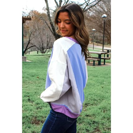 Blue Exposed Seam Colorblock Patchwork Ribbed Trim Pullover Sweatshirt