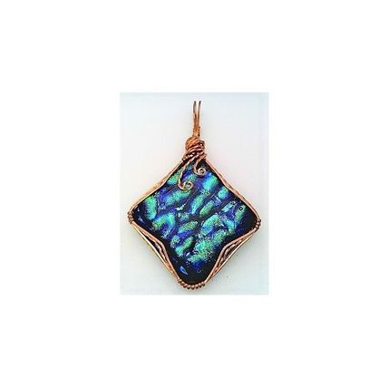 Blue Green Dichroic Glass Copper Wire Wrap Pendant 6