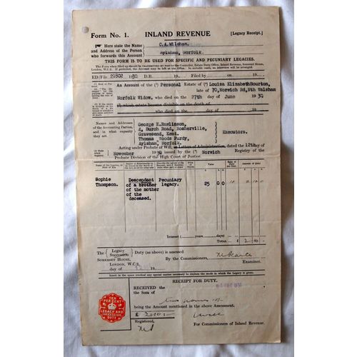 Inland Revenue probate receipt 1930 Louisa E Bourton of Walsham in Norfolk